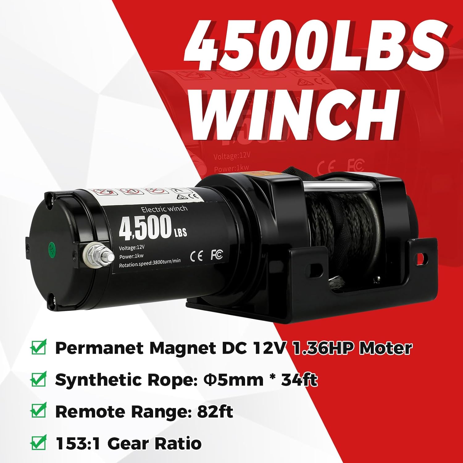 4500lb Winch, 12V Electric Winch for Towing ATV/UTV Off Road with Wireless Remote Control and Wired Handle, Mounting Bracket, IP66 Waterproof