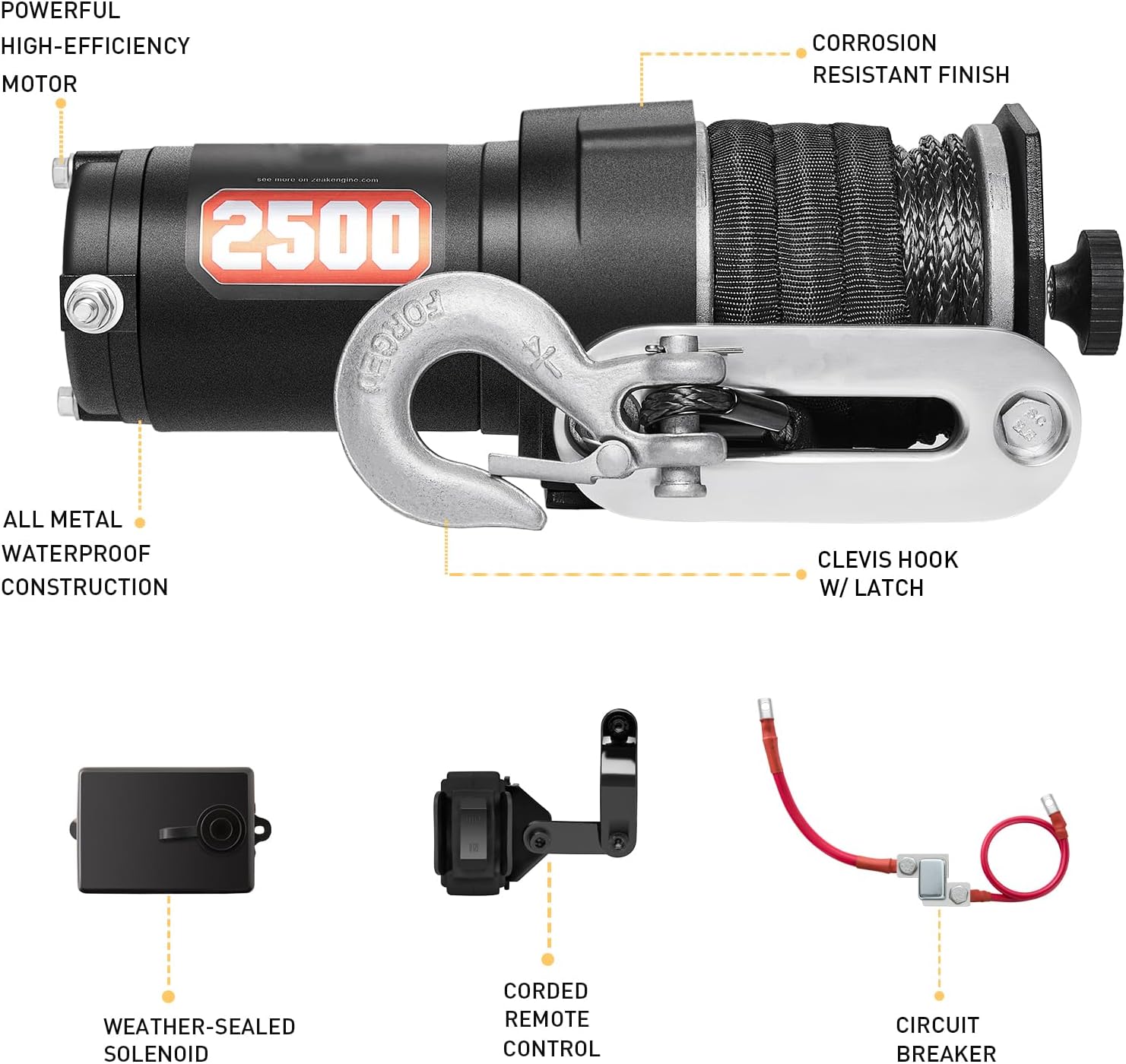 AOTOWO 2500LB Off-Road 12V DC Electric Winch, Synthetic Rope Winch with Mini-Rocker Solenoid Kit for ATV/UTV