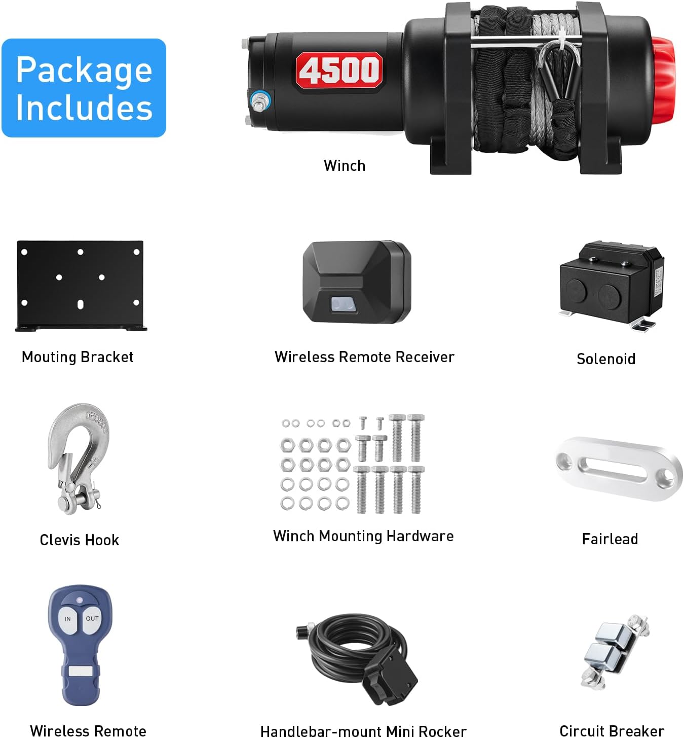 AOTOWO 4500LB 12V DC Winch Waterproof IP65 Electric Winch with Wireless Remote, 45ft Synthetic Winch Rope, Hawse Fairlead and Hook for ATV UTV Off Road