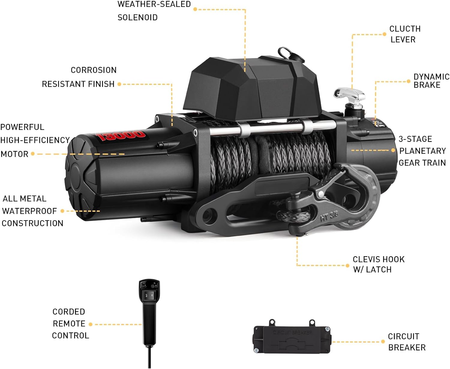 AOTOWO Winch 13000LB Capacity Electric Winch Kit Synthetic Rope, 12V Power Waterproof Winch for Jeep, SUV, Truck with Wireless Remote and Pendant Remote