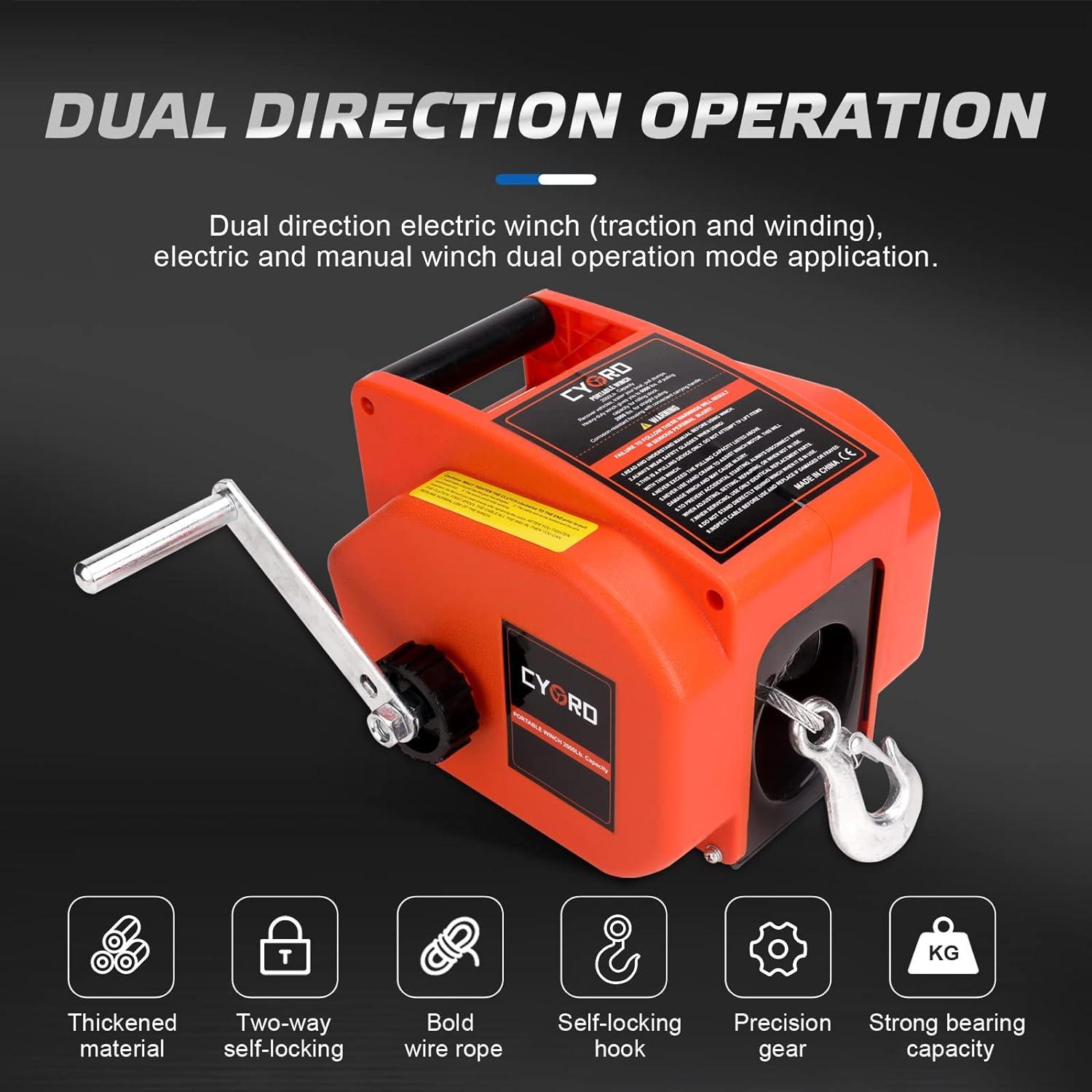 Cygrd Electric Boat Winch, Reversible Electric Trailer Winch 12V DC, Power-in, Power-out and Freewheel Operations for Boats 2000 lbs with Wireless Remote Control and Hand Crank