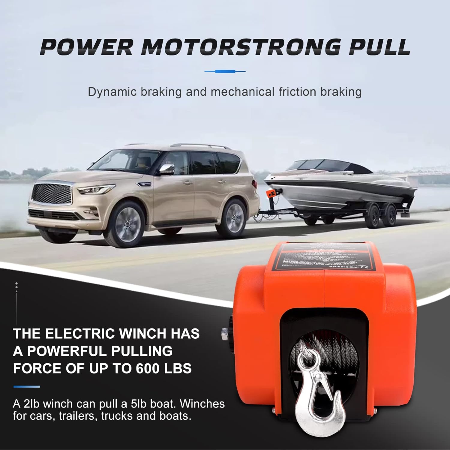 Cygrd Electric Boat Winch, Reversible Electric Trailer Winch 12V DC, Power-in, Power-out and Freewheel Operations for Boats 2000 lbs with Wireless Remote Control and Hand Crank