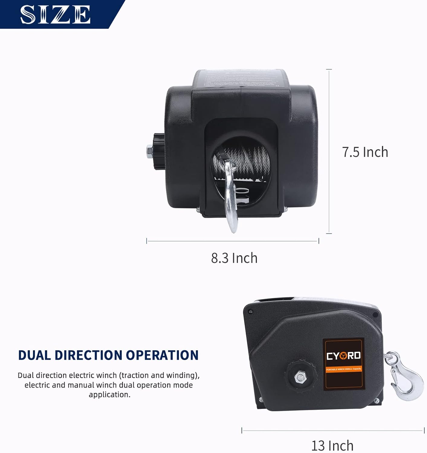 Cygrd Portable Trailer Winch, Reversible Electric Winch 12V DC, Power-in, Power-out and Freewheel Operations for Boats 2000 lbs with Wireless Remote Control and Hand Crank