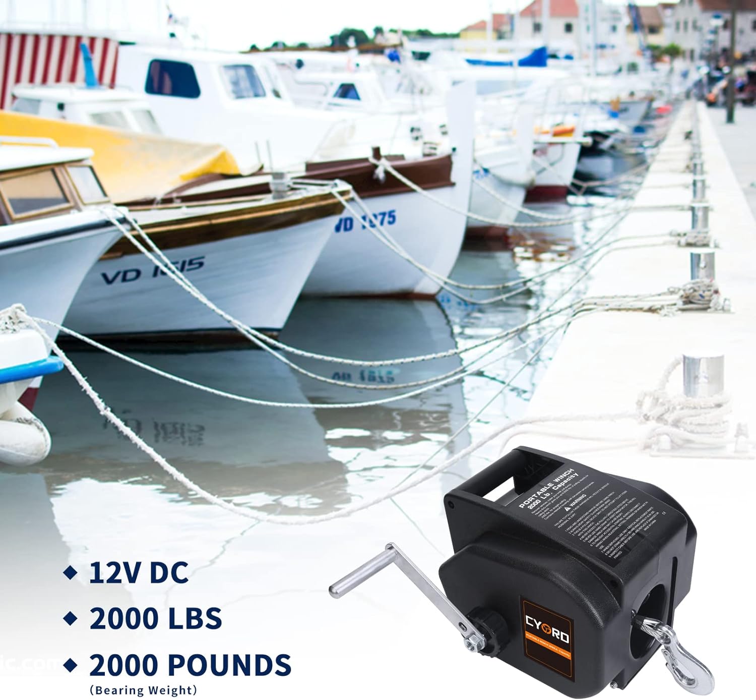 Cygrd Portable Trailer Winch, Reversible Electric Winch 12V DC, Power-in, Power-out and Freewheel Operations for Boats 2000 lbs with Wireless Remote Control and Hand Crank