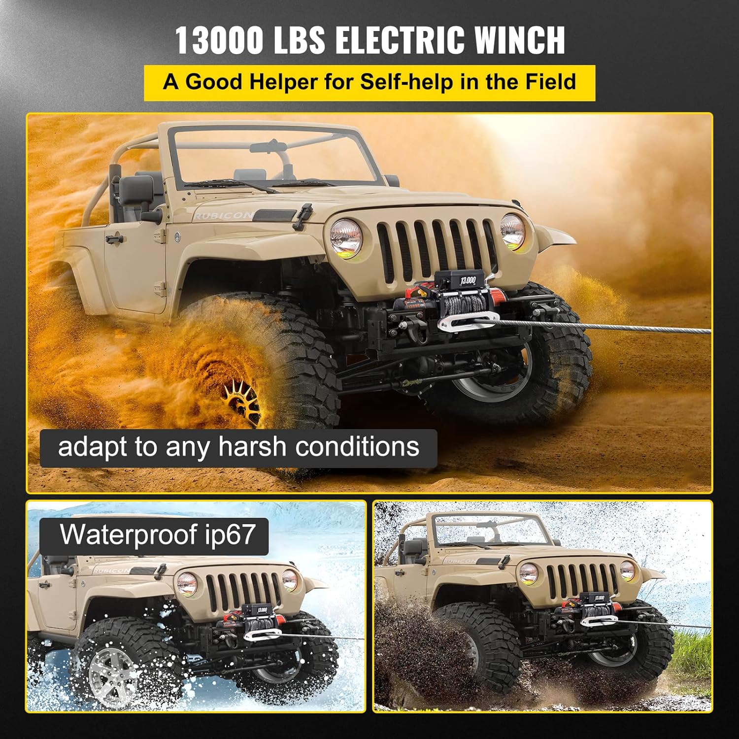 Electric 13000lb Load Capacity Winch Compatible with Jeep Truck SUV, 65 FT, 65ft/20m Synthetic Rope 12V Power with Wireless Remote Control