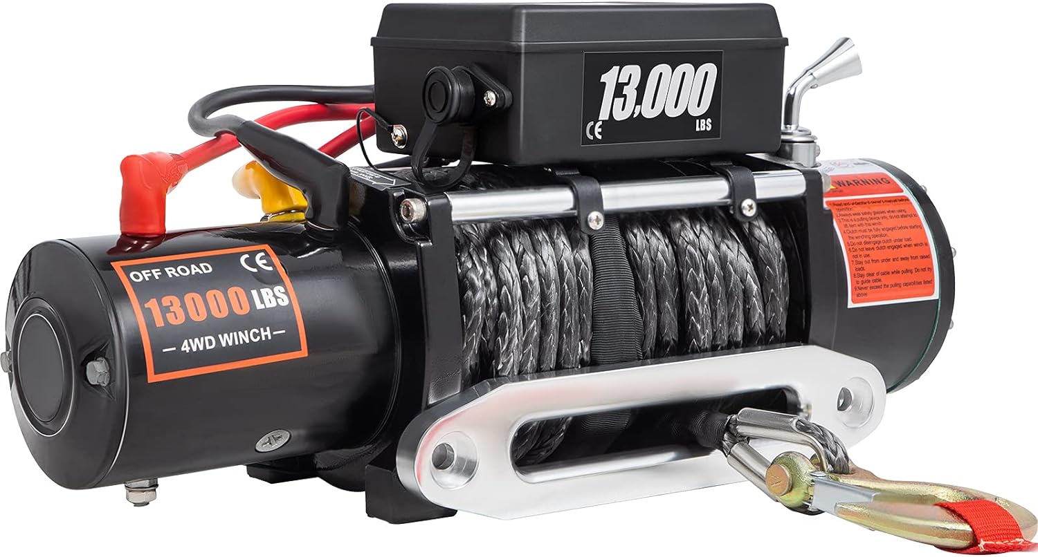 Electric 13000lb Load Capacity Winch Compatible with Jeep Truck SUV, 65 FT, 65ft/20m Synthetic Rope 12V Power with Wireless Remote Control
