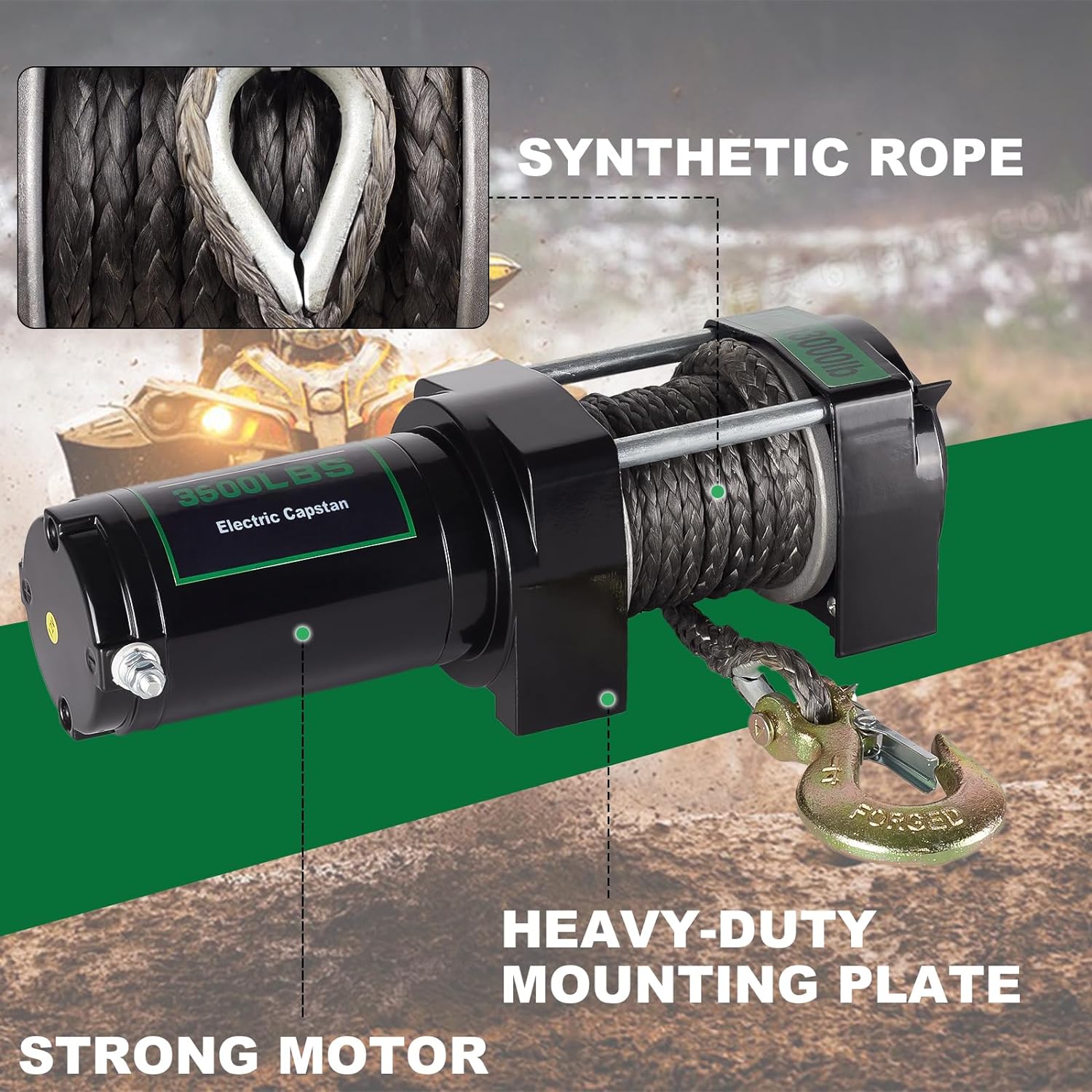Electric Winch, 12V 3500 lbs ATV/UTV Nylon Rope Electric Winch Kit with Wireless Remote and Corded Control for Towing Jeep Off-Road SUV Truck Car Trailer Boat