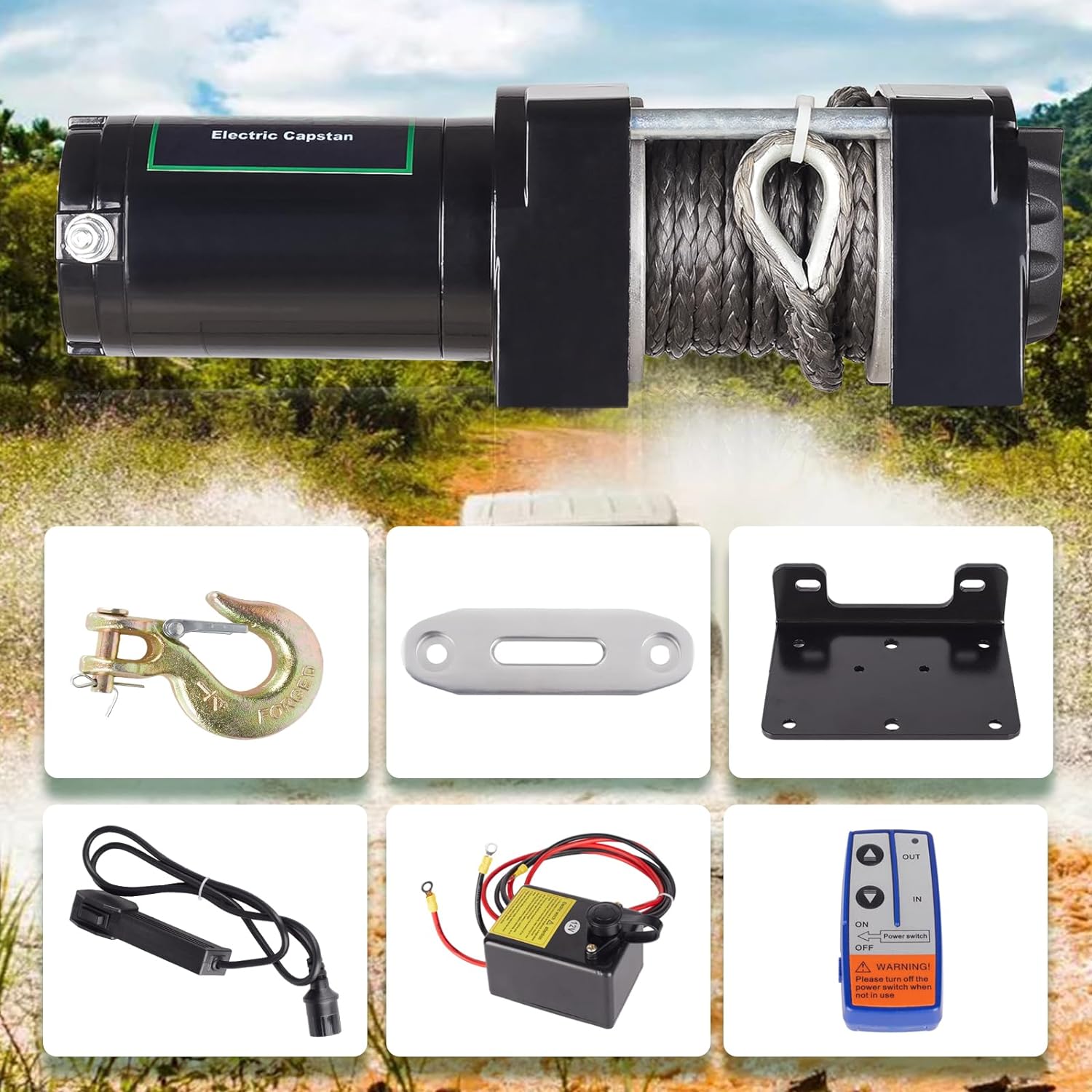 Electric Winch, 12V 3500 lbs ATV/UTV Nylon Rope Electric Winch Kit with Wireless Remote and Corded Control for Towing Jeep Off-Road SUV Truck Car Trailer Boat