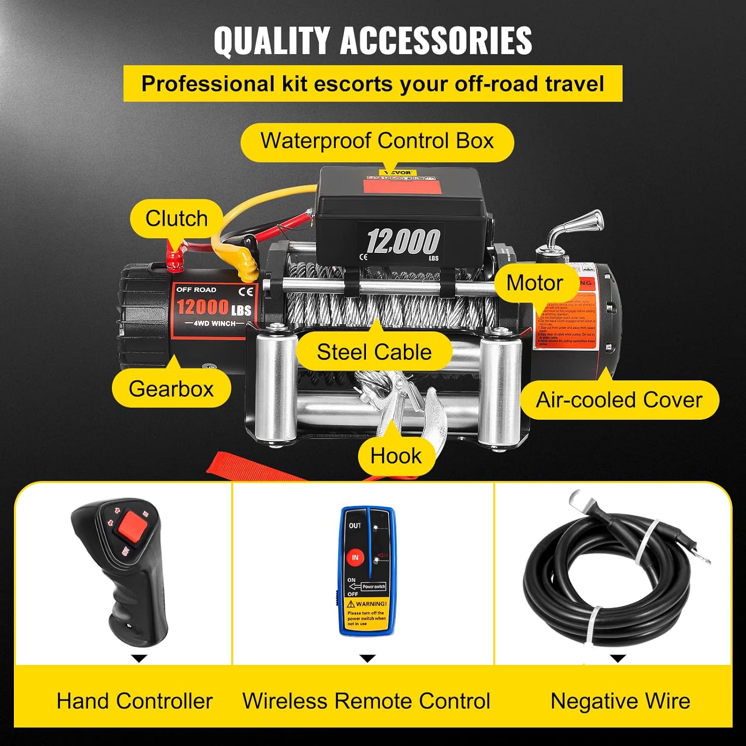 Electric Winch, 12V 4500 lb Load Capacity Steel Rope Winch, IP55 1/4” x 39ft ATV UTV Winch with Wireless Handheld Remote  4-Way Fairlead for Towing Jeep Off-Road SUV Truck Car Trailer Boat