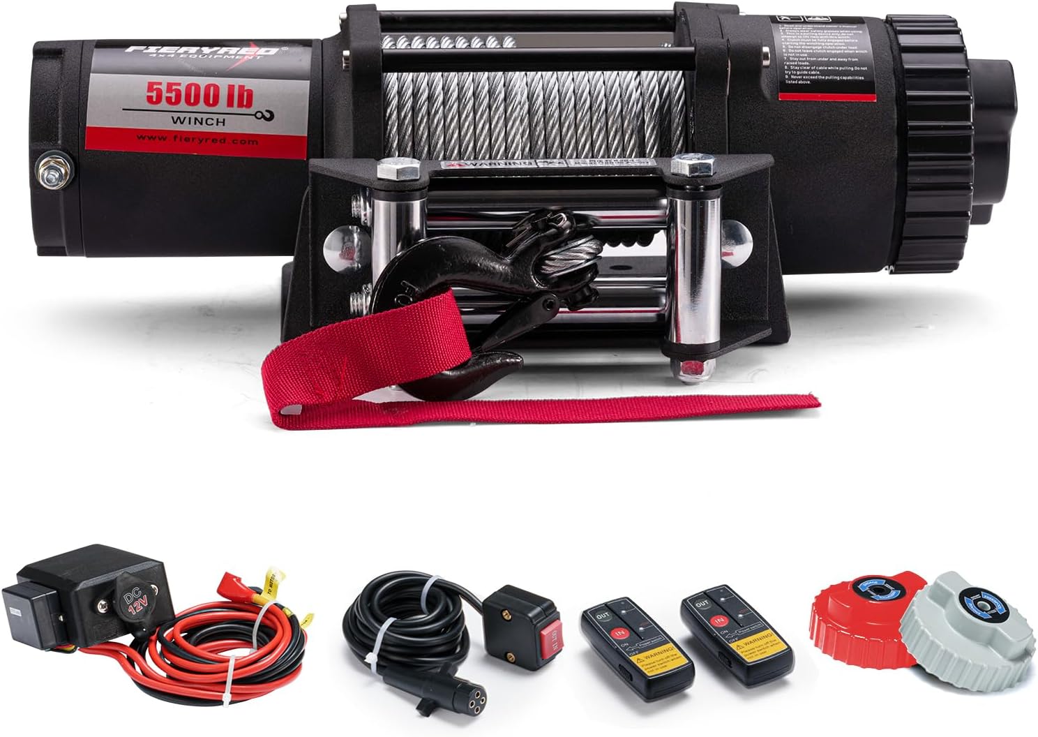 FieryRed ATV/UTV Winch- 12 V 5500LBS Electric Winch with Synthetic Rope, Wire and Wireless Remote Control, Aluminium Fairlead