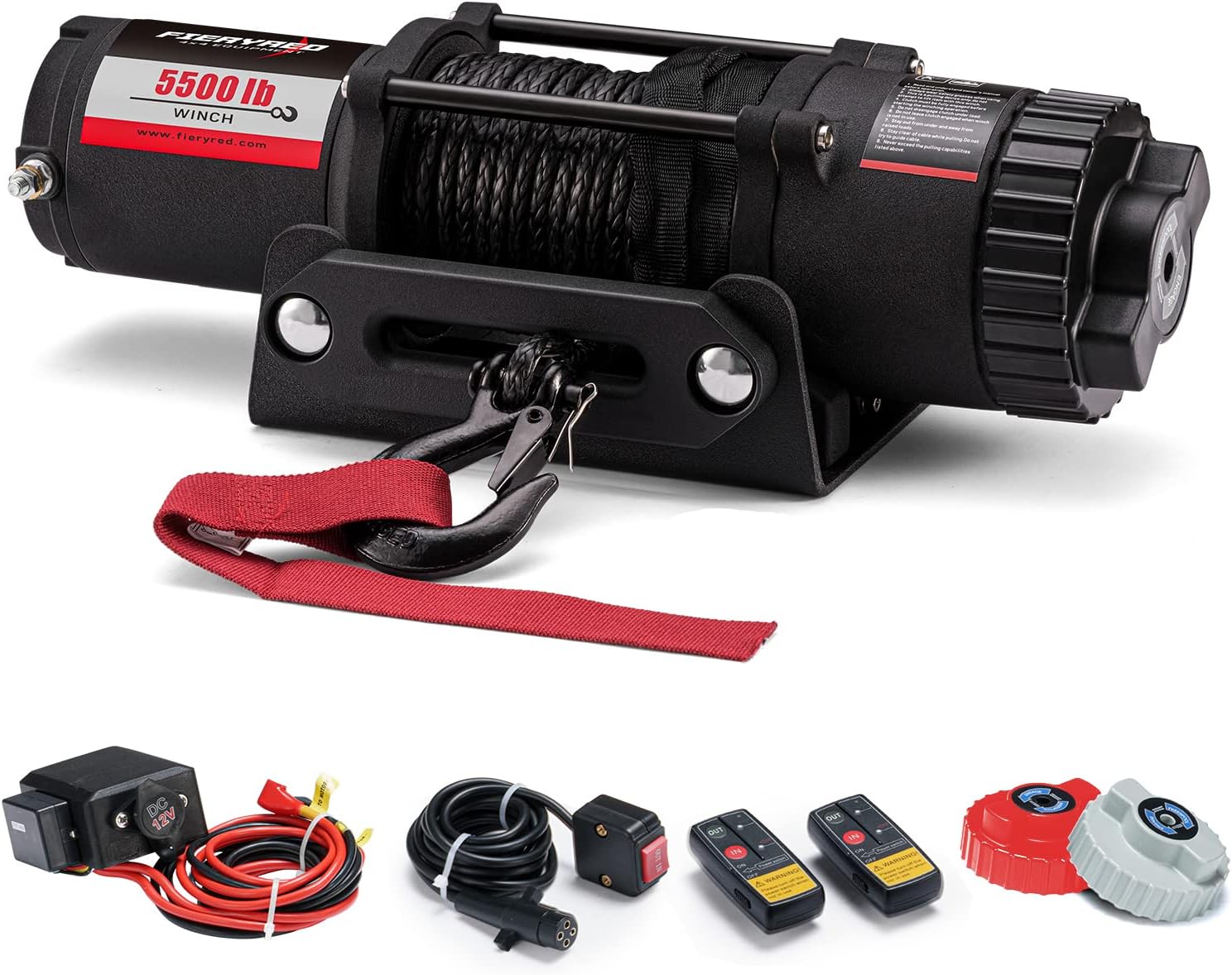 FieryRed ATV/UTV Winch- 12 V 5500LBS Electric Winch with Synthetic Rope, Wire and Wireless Remote Control, Aluminium Fairlead
