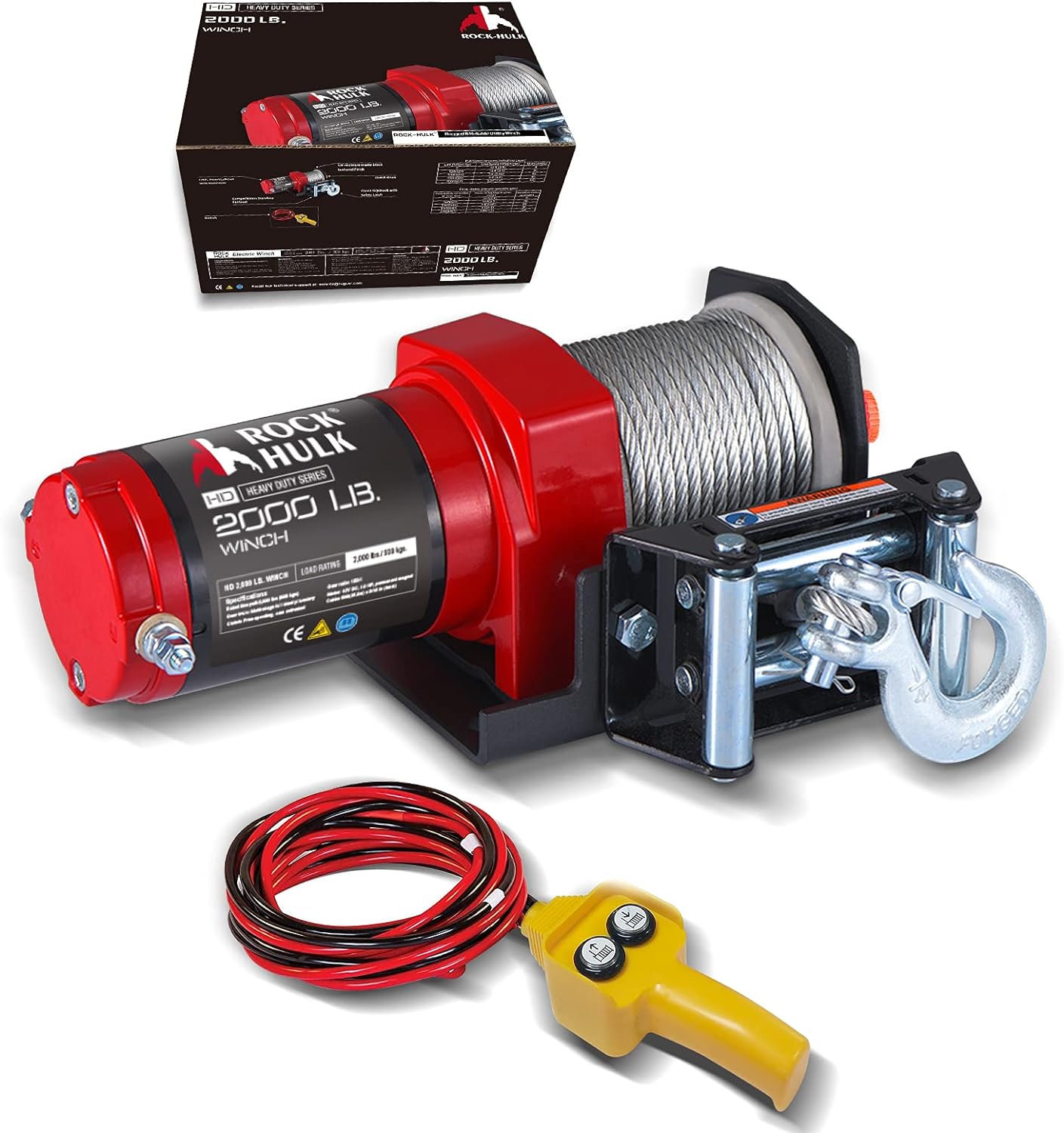Rock-Hulk 2000lb 12V ATV/UTV Electric Winch, Off-Road Waterproof Steel Cable Winch for ATV UTV Towing Trailer Winch