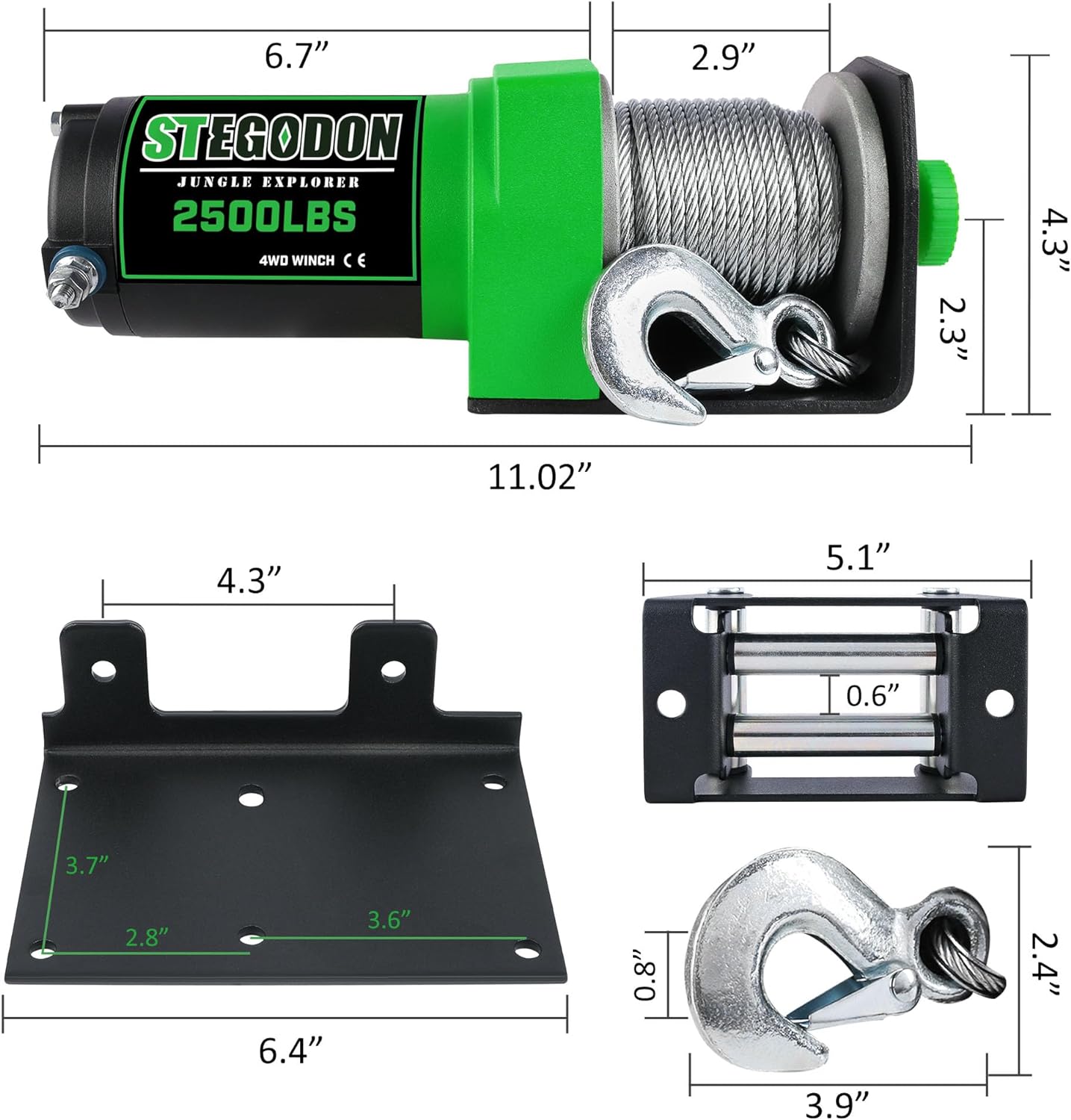 STEGODON 2500 lb. ATV/UTV Electric Winch, 12V Waterproof Steel Cable Winch,Electric Winch with Wired Remote and Wireless Remote for ATV UTV Towing,Boat,Off-Road