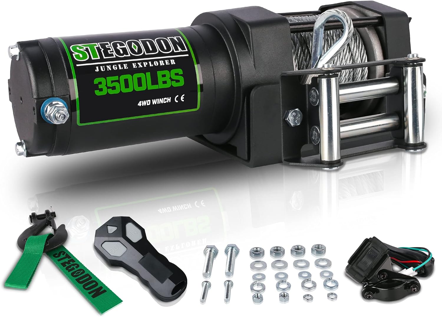 STEGODON New 3500 lb. Load Capacity Electric Winch,12V Steel Cable Winch with Wireless Handheld Remote and Wired Handle,Waterproof IP67 Electric Winch with 4-Way Roller Fairlead（Matte Black）