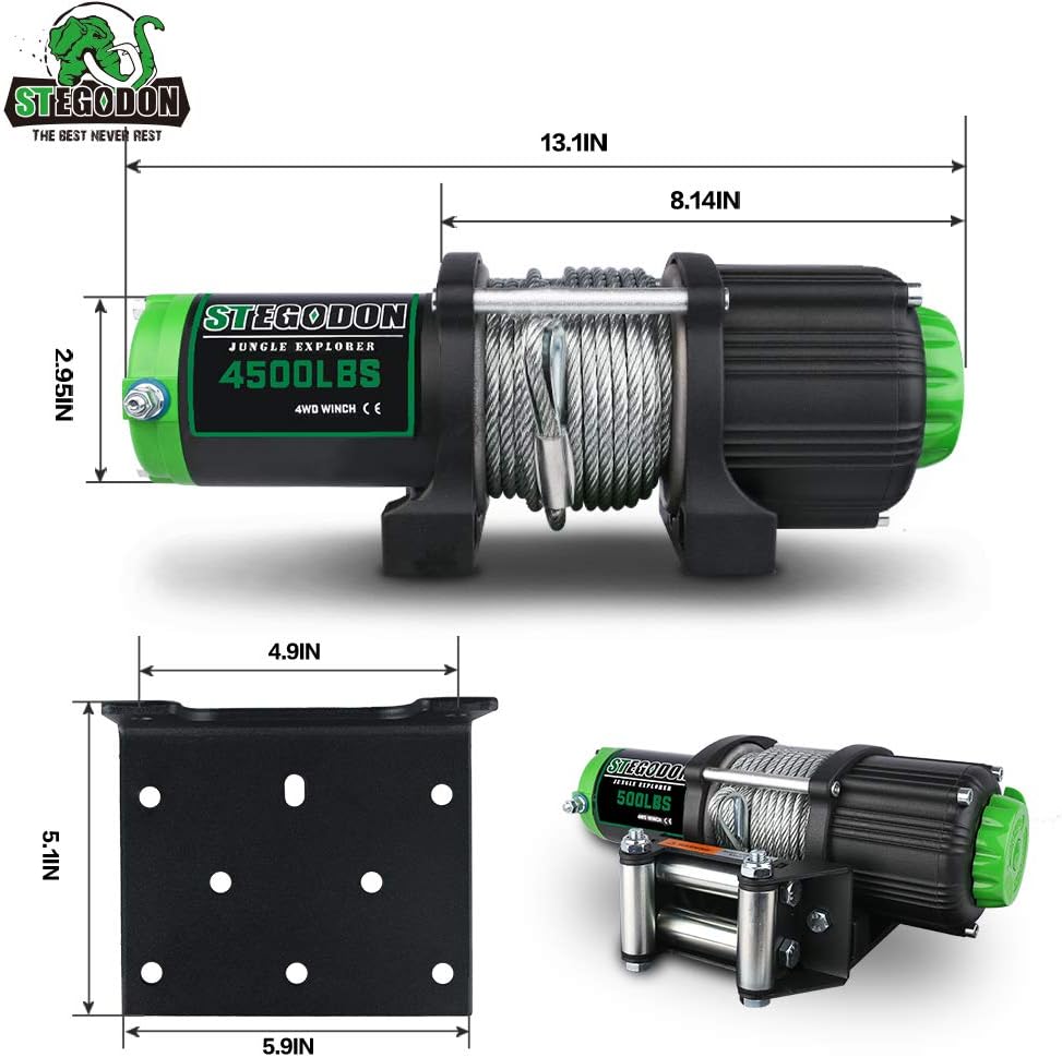 STEGODON New 4500 lb. Load Capacity Electric Winch,12V Steel Cable Winch with Wireless Handheld Remote and Wired Handle, IP67 Waterproof Electric Winch with 4-Way Roller Fairlead