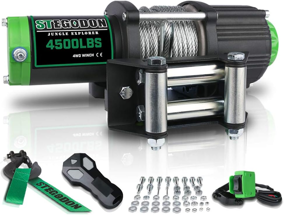 STEGODON New 4500 lb. Load Capacity Electric Winch,12V Steel Cable Winch with Wireless Handheld Remote and Wired Handle, IP67 Waterproof Electric Winch with 4-Way Roller Fairlead