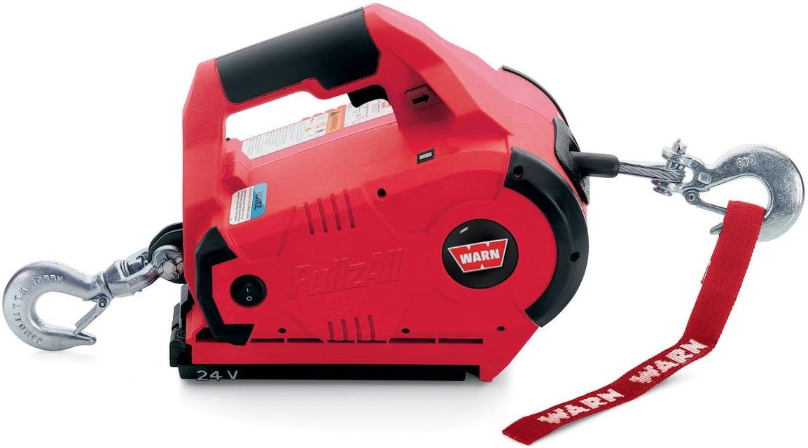 WARN 885005 PullzAll Cordless 24V DC Portable Electric Winch with Steel Cable and 2 Rechargeable Battery Packs: 1/2 Ton (1,000 lb) Pulling Capacity, red
