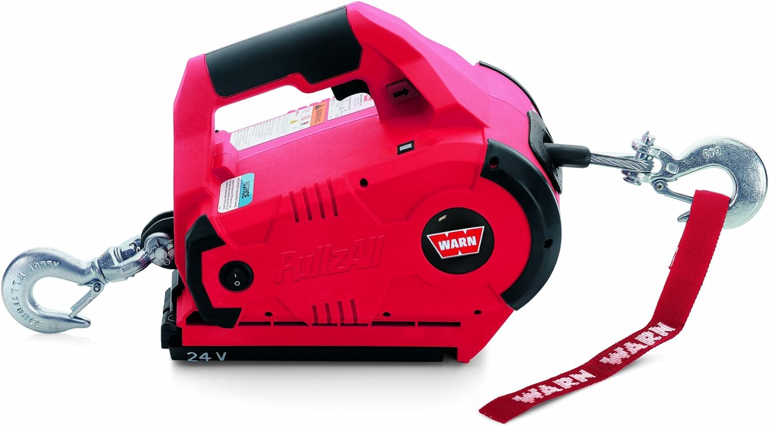 WARN 885030 PullzAll Cordless 24V DC Portable Electric Winch with Steel Cable and 1 Rechargeable Battery Pack: 1/2 Ton (1,000 lb) Lifting/Pulling Capacity, Red