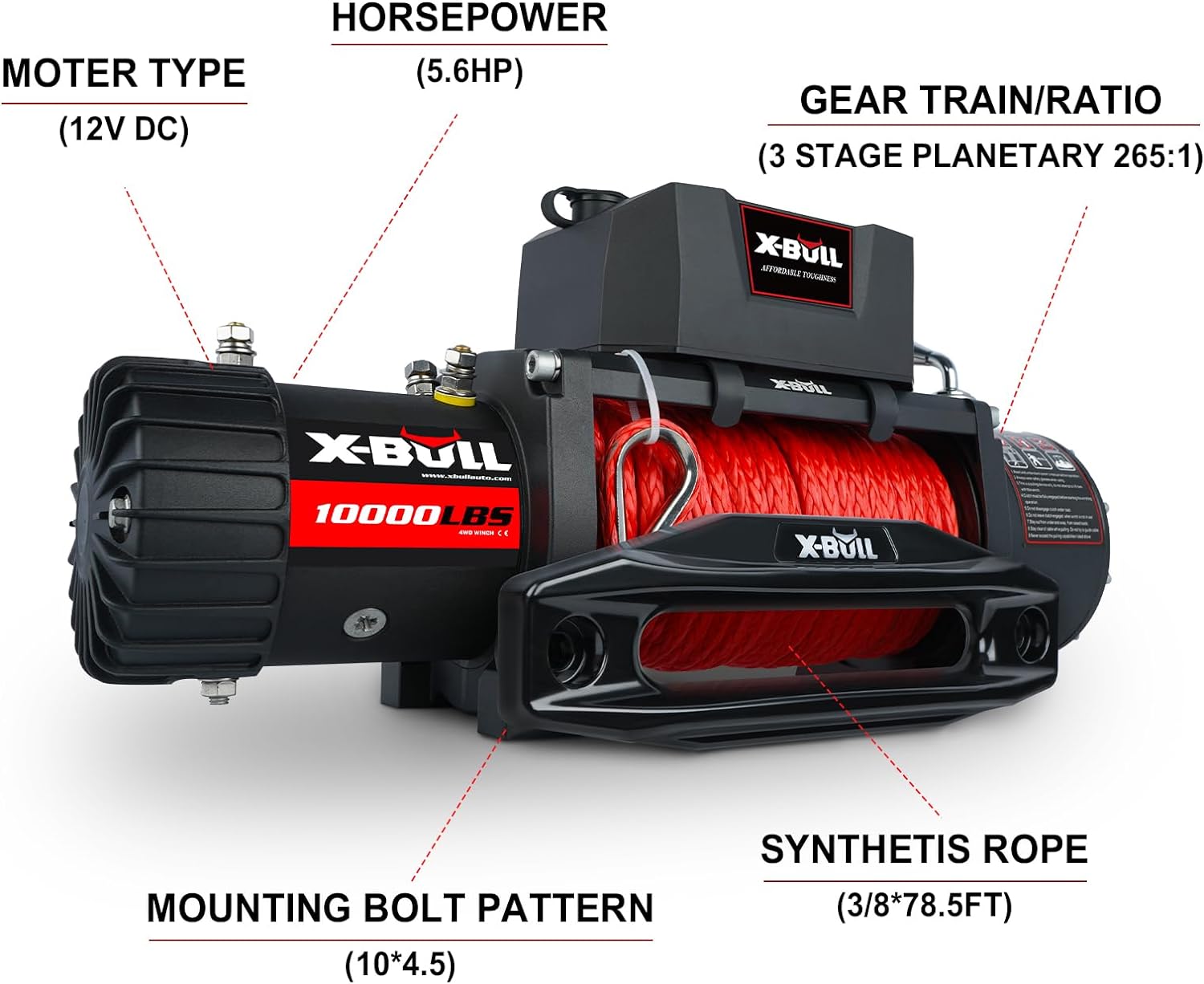 X-BULL Winch 10000 lb. Load Capacity Electric Winch Kit 12V Synthetic Rope,Waterproof Electric Winch with Hawse Fairlead, with Wireless Handheld Remote and Corded Control Recovery