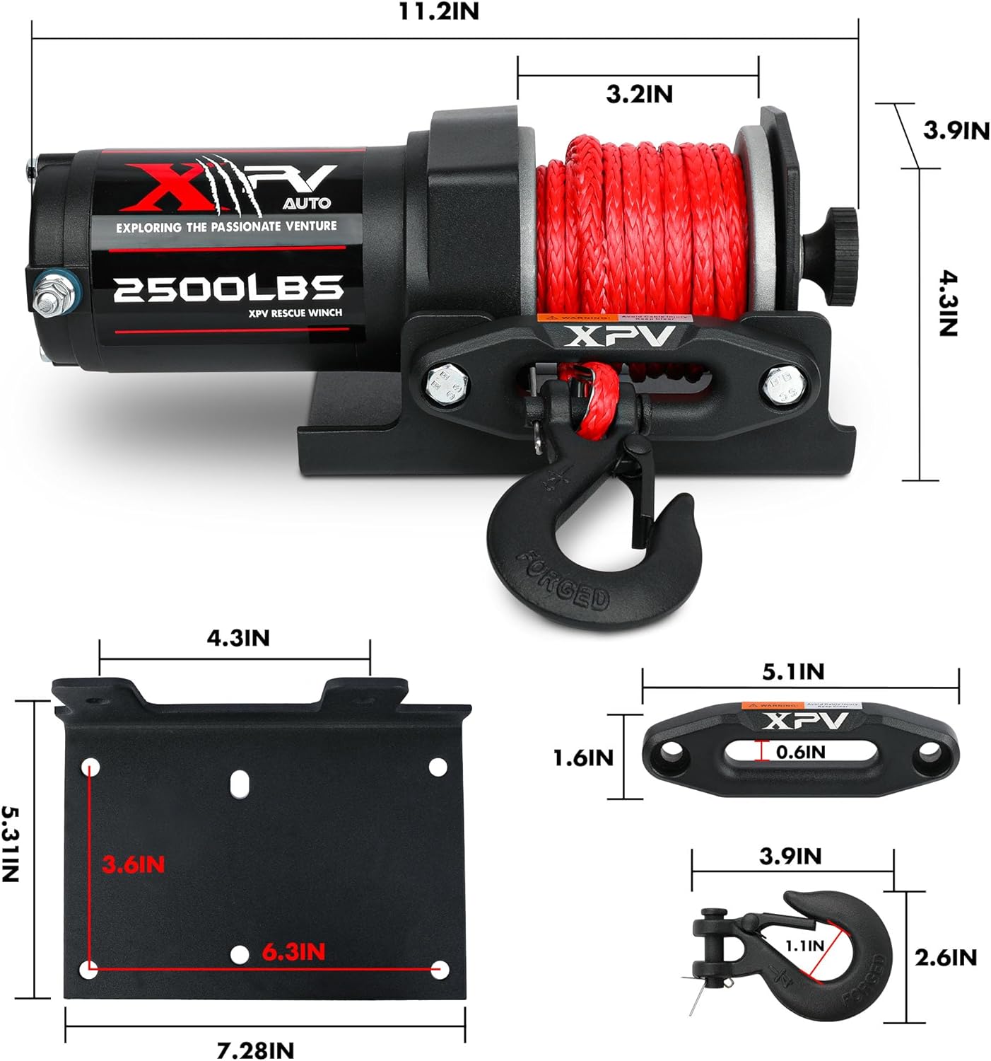 XPV AUTO 2500lbs Electric Winch 12V Synthetic Rope Nylon Towing Winches for ATV UTV Boat Trailer
