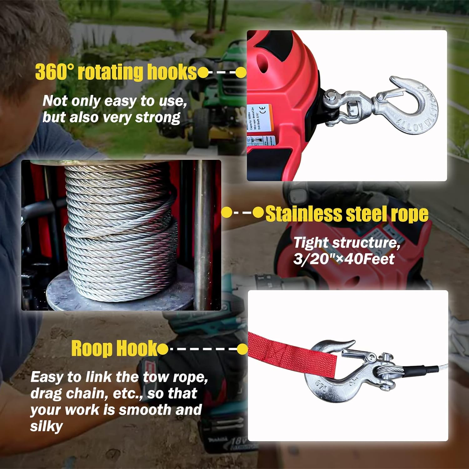 YATOINTO Portable Drill Winch of 750 LB Pulling Capacity with 40 Feet Alloy Steel Wire Rope, Hand Winch for Lifting  Dragging