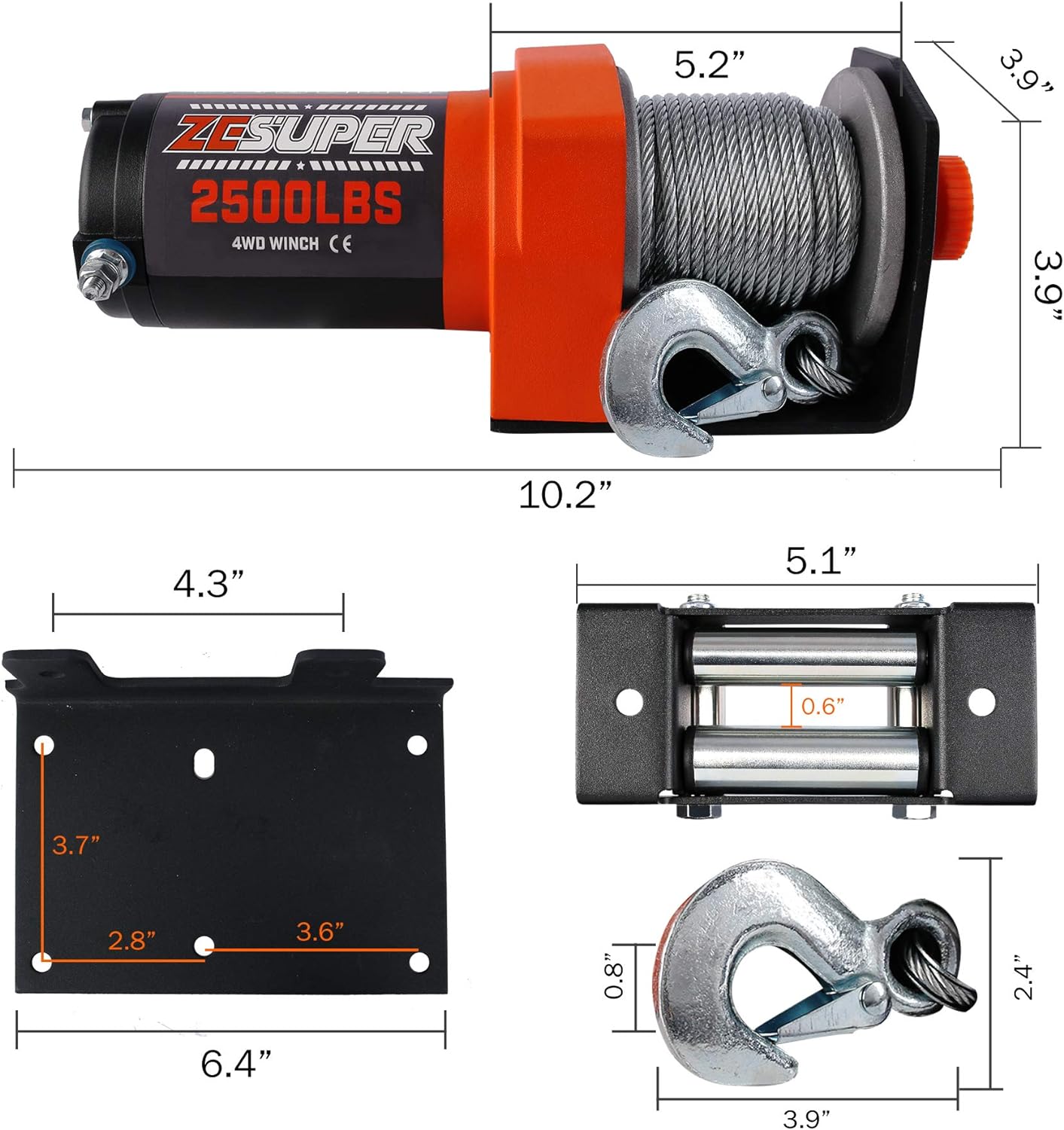 ZESUPER 2500 lb 12V DC Electric Winch Steel Cable Off Road Waterproof UTV ATV Boat Modified Vehicles Winch Kits Handheld Remote