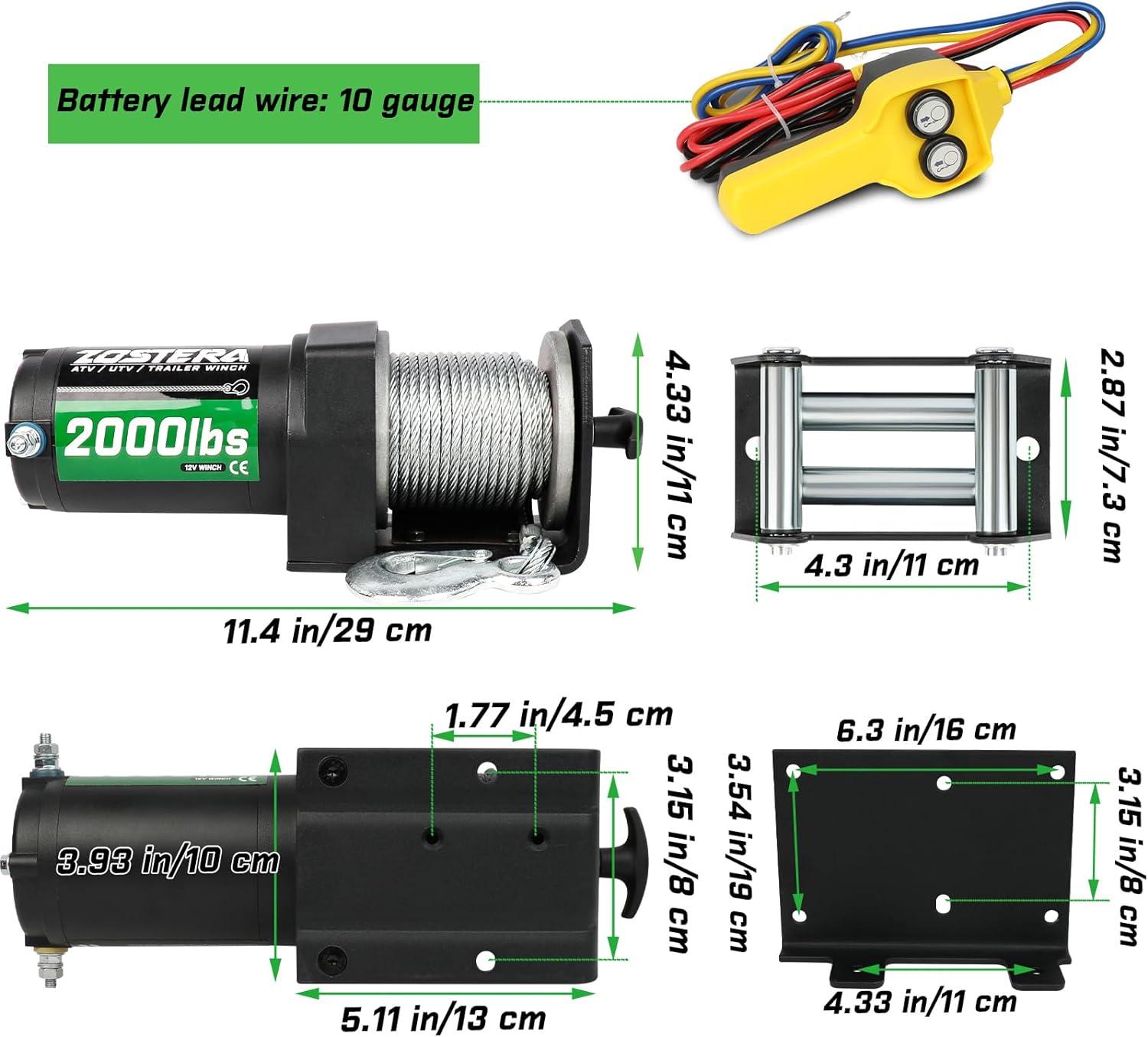 Zostera 12v Electric 2000 lb Winch for ATV UTV Trailer Boat Winch Steel Cable Waterproof with Switch Remotes Control and Mounting Bracket,Small Towing Pulling Winches with Automatic Brake