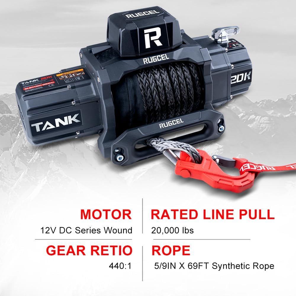 RUGCEL WINCH 13500lb Waterproof Electric Red Synthetic Rope Winch with Hawse Fairlead, Wired Handle and 2 Wireless Remote (RED)